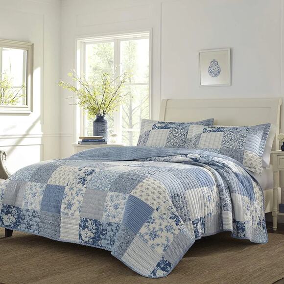 Laura Ashley Twin Quilt Set, Reversible Cotton Bedding Paisley Printed Patchwork - Picture 1 of 6